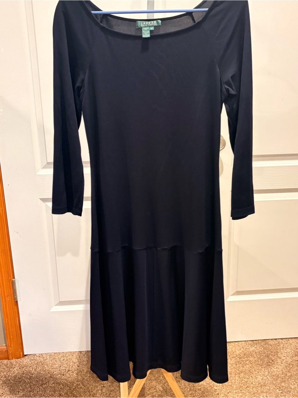 Lauren Ralph Lauren Navy Tiered Midi Dress M 3/4 Sleeve A-Line Stretc